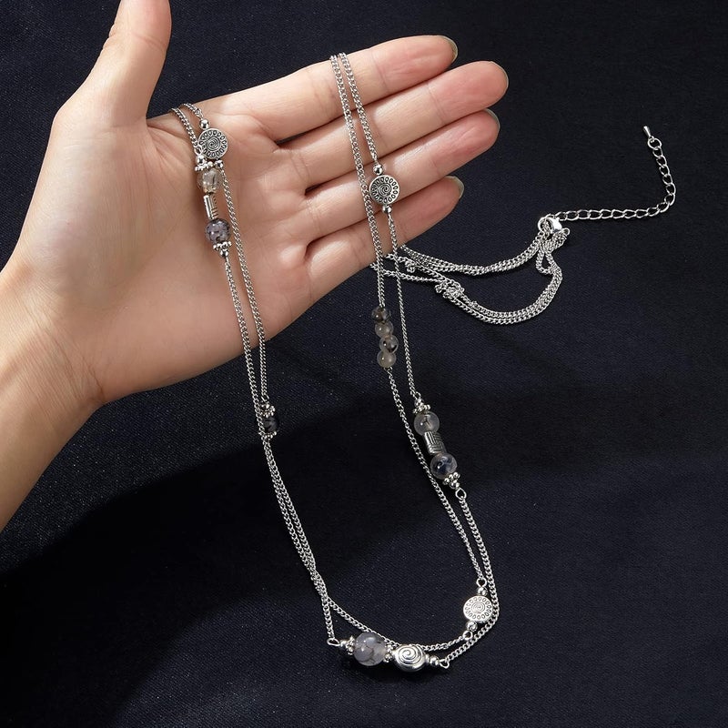 BULINLIN Layered Silver Long Necklace for Women Turquoise Stone Beaded Strand Sweater Chain Necklaces Fashion Costume Jewelry Gifts for Mom - Image 4